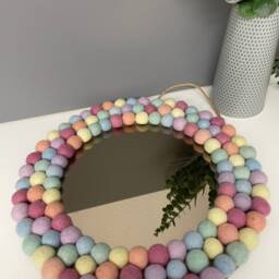 Medium Circular Hanging Pom Pom Mirror, Pastel Rainbow Poms, Playroom, Nursery Decor - thumbnail 4