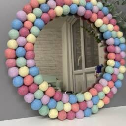 Medium Circular Hanging Pom Pom Mirror, Pastel Rainbow Poms, Playroom, Nursery Decor - thumbnail 2