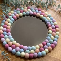 Medium Circular Hanging Pom Pom Mirror, Pastel Rainbow Poms, Playroom, Nursery Decor - thumbnail 3