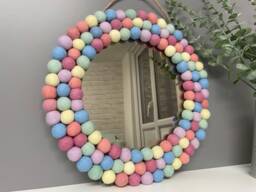 Medium Circular Hanging Pom Pom Mirror, Pastel Rainbow Poms, Playroom, Nursery Decor