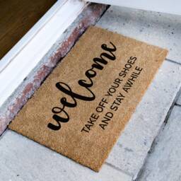 Personalized Welcome Door Mat - Take Off Your Shoes & Stay Awhile Home Decor Custom Coir Doormat - thumbnail 2