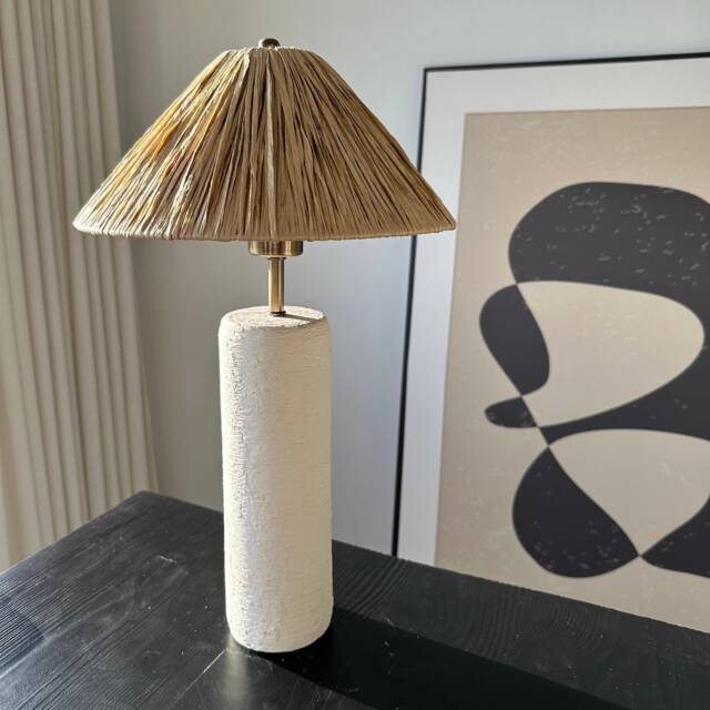 Big Size White Ceramic Textured Wabi Sabi Style Lamp & Raffia Lampshade Bedside For Living Room, Entryway Bedroom Decoration - image 1