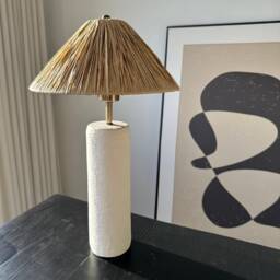 Big Size White Ceramic Textured Wabi Sabi Style Lamp & Raffia Lampshade Bedside For Living Room, Entryway Bedroom Decoration