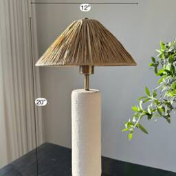 Big Size White Ceramic Textured Wabi Sabi Style Lamp & Raffia Lampshade Bedside For Living Room, Entryway Bedroom Decoration - thumbnail 4
