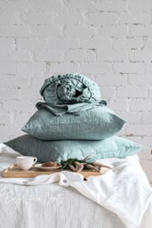 Linen Bedding Set - Fitted Sheet, Flat Sheet & 2 Pillowcases Melange Green Queen King Full Double Custom Sizes Gift Idea - thumbnail 1