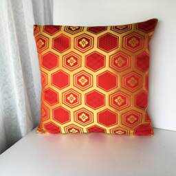 Red & Gold Decor Pillow Cove, Golden Brocade Case, Japanese Obi Brocade, Sofa Bedding, Japan Throw Kimono Cushion - thumbnail 2