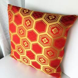 Red & Gold Decor Pillow Cove, Golden Brocade Case, Japanese Obi Brocade, Sofa Bedding, Japan Throw Kimono Cushion - thumbnail 3