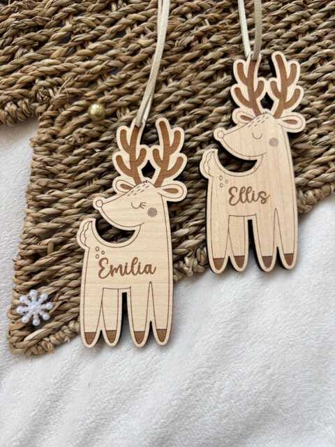 Personalised Reindeer Bauble Kids Wooden Engraved Tree Ornament - image 1