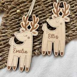 Personalised Reindeer Bauble Kids Wooden Engraved Tree Ornament - thumbnail 2