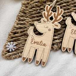 Personalised Reindeer Bauble Kids Wooden Engraved Tree Ornament - thumbnail 4