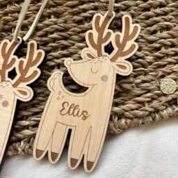 Personalised Reindeer Bauble Kids Wooden Engraved Tree Ornament - thumbnail 3