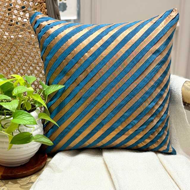 "Teal Blue Art Silk Striped Decorative Throw Pillow Cover, 16""x16" - image 1