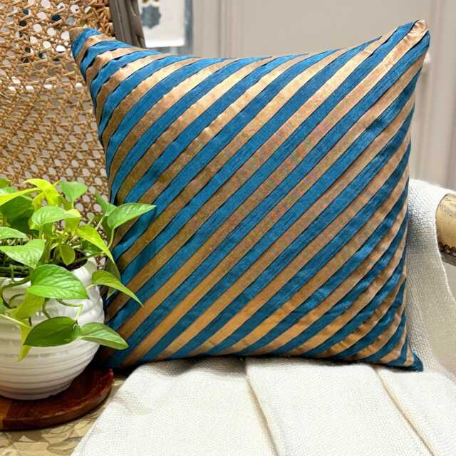 "Teal Blue Art Silk Striped Decorative Throw Pillow Cover, 16""x16" - image 1