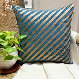 "Teal Blue Art Silk Striped Decorative Throw Pillow Cover, 16""x16" - thumbnail 1