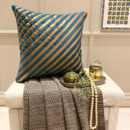 "Teal Blue Art Silk Striped Decorative Throw Pillow Cover, 16""x16" - thumbnail 3