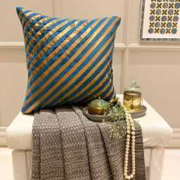 "Teal Blue Art Silk Striped Decorative Throw Pillow Cover, 16""x16" - thumbnail 3