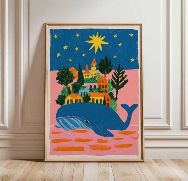 Whale Village Poster, Folk Art Wall Art, Coastal Fantasy Print - image 1