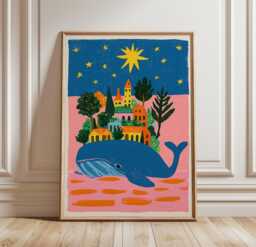 Whale Village Poster, Folk Art Wall Art, Coastal Fantasy Print - thumbnail 1