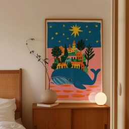 Whale Village Poster, Folk Art Wall Art, Coastal Fantasy Print - thumbnail 2
