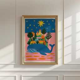 Whale Village Poster, Folk Art Wall Art, Coastal Fantasy Print - thumbnail 3