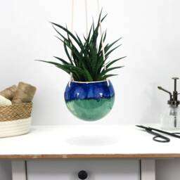 Handmade Turquoise Ceramic Hanging Planter Boho Home Decor - thumbnail 3