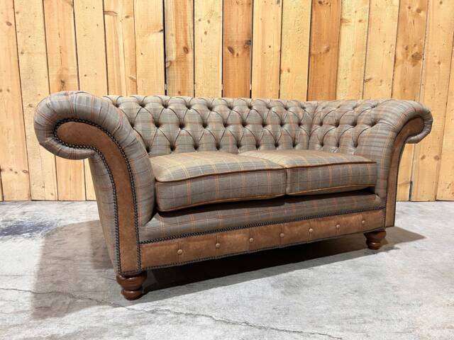 2 Seater Spruce Beige Brown Tweed Fabric Chesterfield Sofa - Distressed Tan Leather, British Handmade - image 1