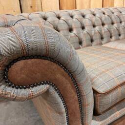 2 Seater Spruce Beige Brown Tweed Fabric Chesterfield Sofa - Distressed Tan Leather, British Handmade - thumbnail 2