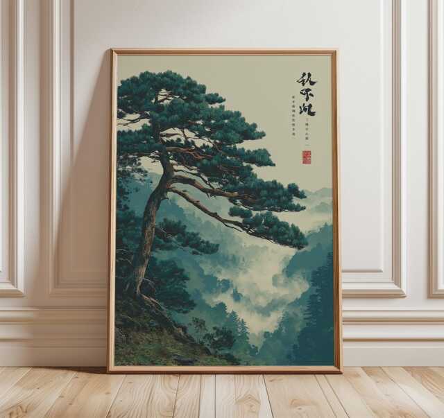 Pine Tree Poster, Japanese Art Style Print, Misty Mountain Landscape Wall Art, Nature Decor - image 1