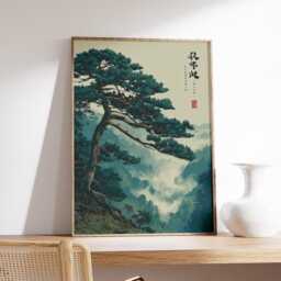 Pine Tree Poster, Japanese Art Style Print, Misty Mountain Landscape Wall Art, Nature Decor - thumbnail 2