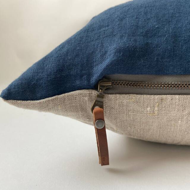 "Blue Linen Pillow Cover Cobalt Exposed Zipper-Leather Pull 20""22"" 24" - image 1
