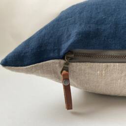"Blue Linen Pillow Cover Cobalt Exposed Zipper-Leather Pull 20""22"" 24"