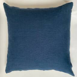 "Blue Linen Pillow Cover Cobalt Exposed Zipper-Leather Pull 20""22"" 24" - thumbnail 2