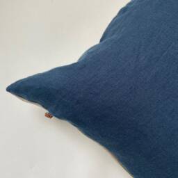 "Blue Linen Pillow Cover Cobalt Exposed Zipper-Leather Pull 20""22"" 24" - thumbnail 3