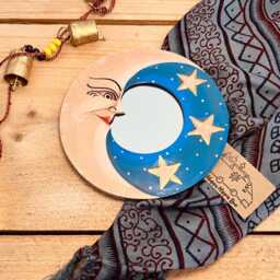 Wooden Moon Star Design Mini Mirror, Small Round Handmade Boho Hippie Home Decor Wall Mirror - thumbnail 4