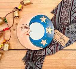 Wooden Moon Star Design Mini Mirror, Small Round Handmade Boho Hippie Home Decor Wall Mirror