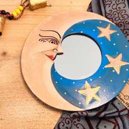 Wooden Moon Star Design Mini Mirror, Small Round Handmade Boho Hippie Home Decor Wall Mirror - thumbnail 2