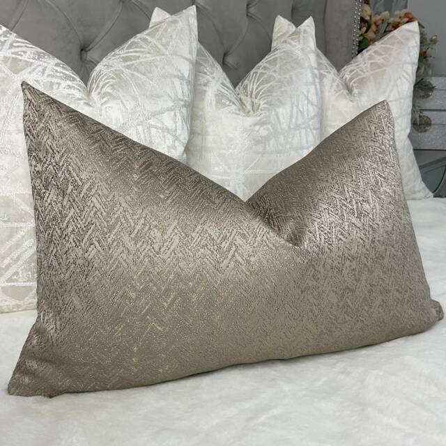 "Taupe Gold Cushion Cover, Luxury Pillow Herringbone Design - Shimmer Designer Fabric Handmade Rectangle 12"" X 20" - image 1