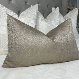 "Taupe Gold Cushion Cover, Luxury Pillow Herringbone Design - Shimmer Designer Fabric Handmade Rectangle 12"" X 20" - thumbnail 3