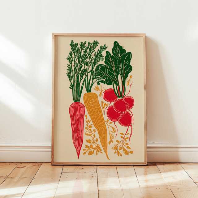 Vintage Root Vegetable Poster - Rustic Linocut Carrot & Radish Wall Art Minimalist Kitchen Garden Illustration - image 1