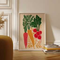 Vintage Root Vegetable Poster - Rustic Linocut Carrot & Radish Wall Art Minimalist Kitchen Garden Illustration - thumbnail 2