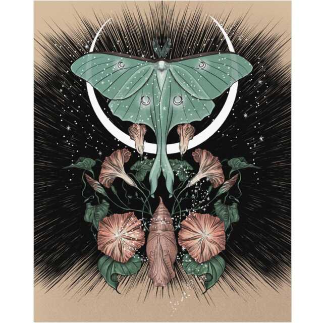 Lunar Moth Art Print Mystical Moonflower, Witchy Gothic Decor - image 1