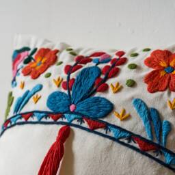 Home Decor, 2 Bohochic Pillow With Embroidered Flowers & Tassels - 18x18, Boho Cushion, Gift - thumbnail 3