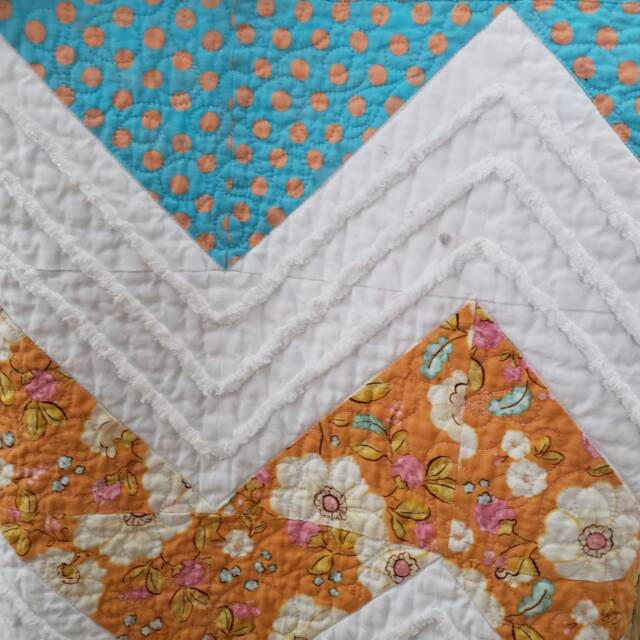 Quilt Throw Size, Zig Zag Quilt, Riley Blake Patchwork Quilt, Orange & Turquoise Modern Chenille, Chenille Quilt - image 1
