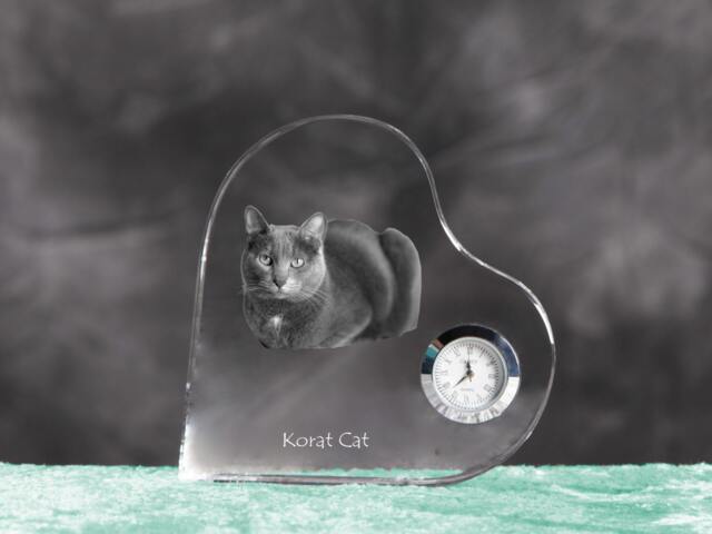 Korat - Crystal Clock in The Shape Of A Heart With Image Pure-Bred Cat - image 1