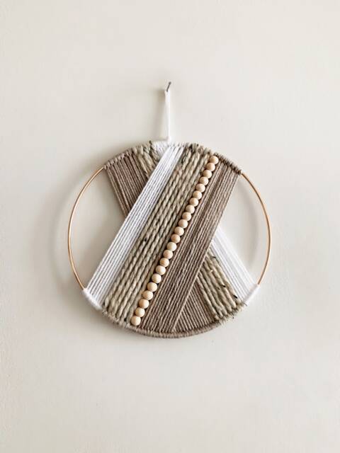 Beige & White Beaded Yarn Hoop Wall Hanging, Boho Nursery Decor