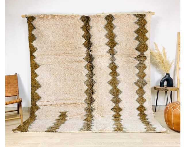 White & Mustard Gold Moroccan Rug, Modern Berber Shag Carpet, Handwoven Beni Ourain Style Area Rug For Living Room