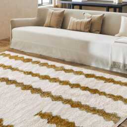White & Mustard Gold Moroccan Rug, Modern Berber Shag Carpet, Handwoven Beni Ourain Style Area Rug For Living Room - thumbnail 3