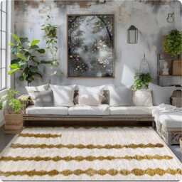 White & Mustard Gold Moroccan Rug, Modern Berber Shag Carpet, Handwoven Beni Ourain Style Area Rug For Living Room - thumbnail 4