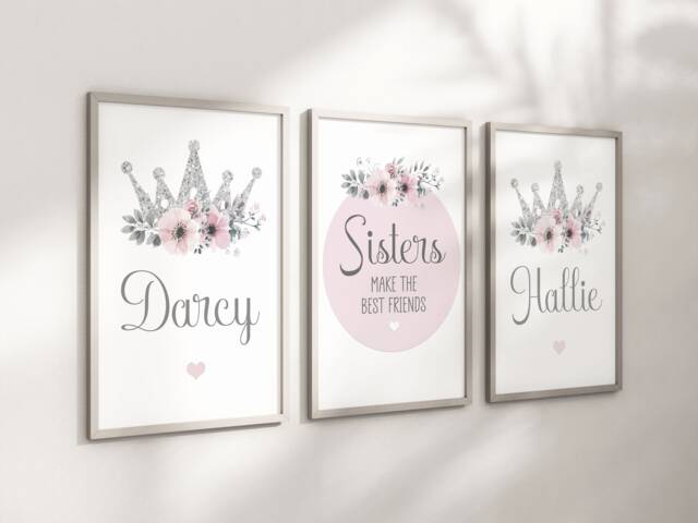 Girls Personalised Sister Prints A4 Or A3 Nursery Set Of Unframed Pink Grey Flowers Shared Room Princess Crown Silver