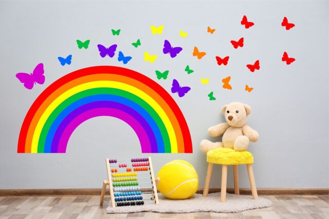 Rainbow & Butterflies Wall Sticker Kit Nursery Decal Car Art Vinyl 2 Sizes Multicolour Bright Children's Bedroom Mural - image 1